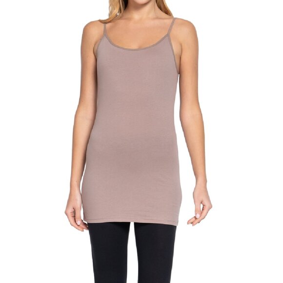 Active Basic Tops - NWT- Women's Long Cami Tunic with Shelf Bra, Beige Brown